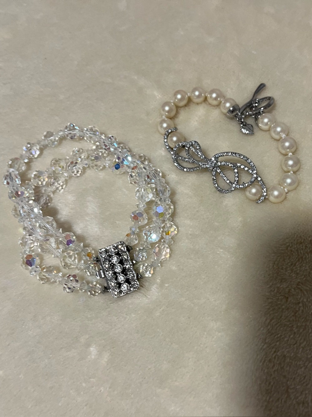 Crystal and Pearl Bracelet Set - Clear Crystal & Cream Pearl